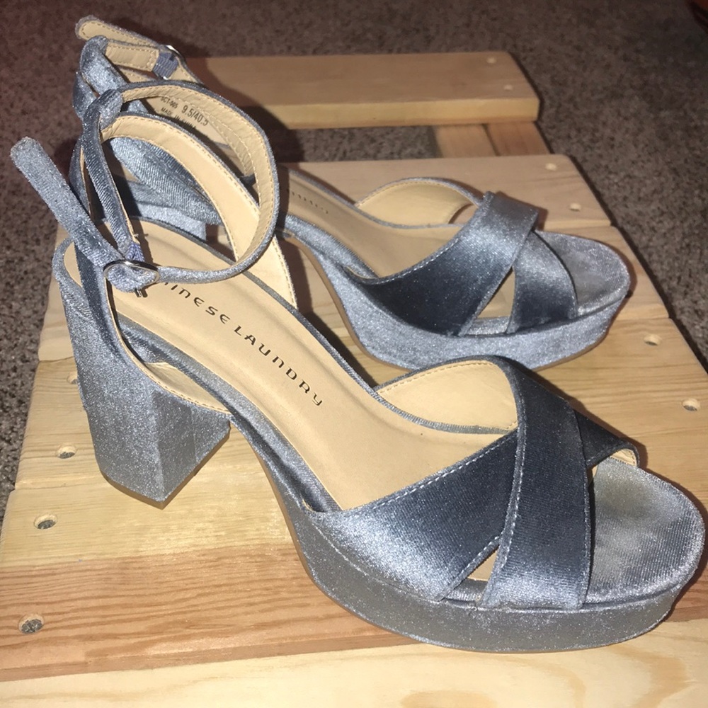 Blue Velvet Embroidered 3” Heels